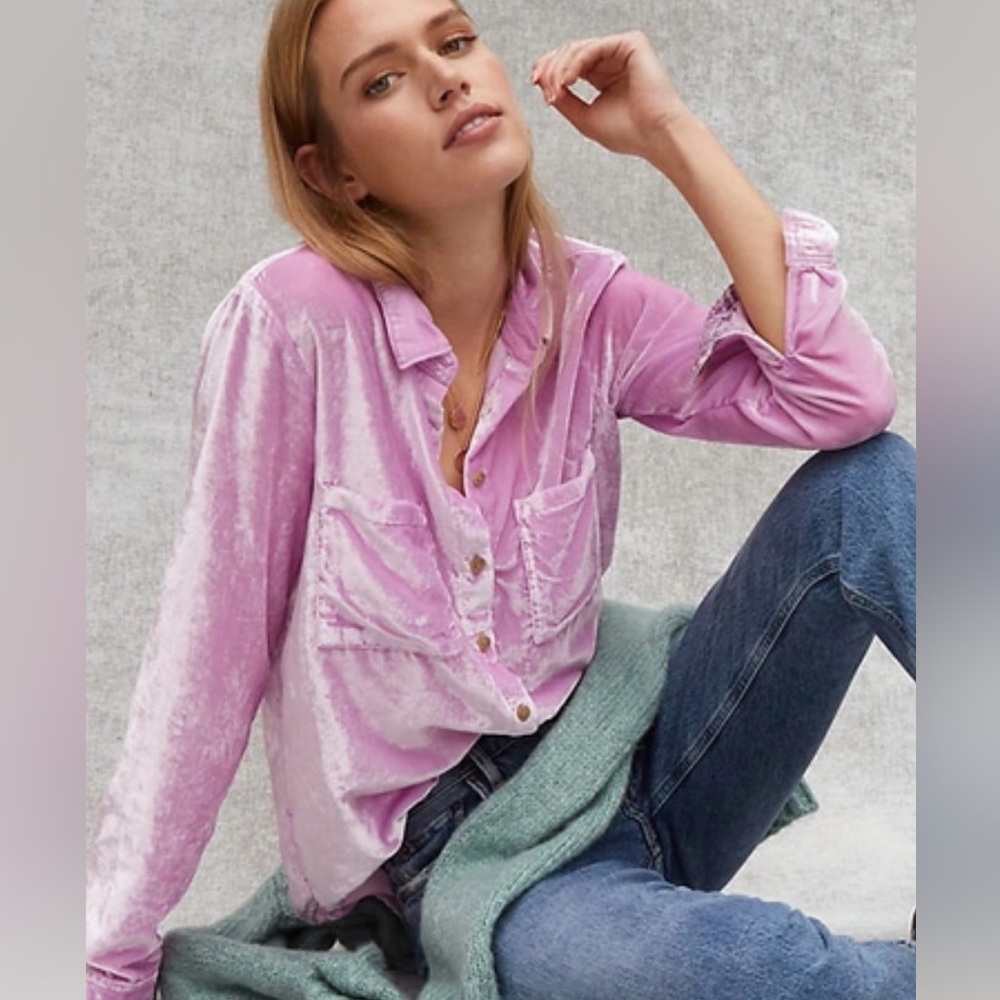 Pilcro Velvet Button-Down Shirt in Light Pink